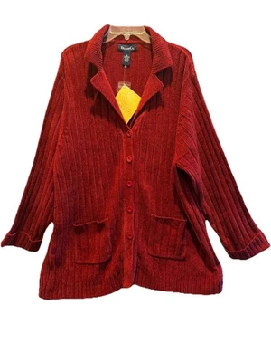 DENIM & CO, Acrylic Long Cardigan Sweater Burgundy w/Cuffed Sleeves & Pockets 3X - Image 1 of 4