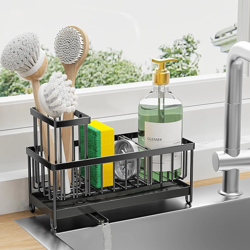 Black Sink Caddy Sponge & Brush Holder – Compact Kitchen Organizer