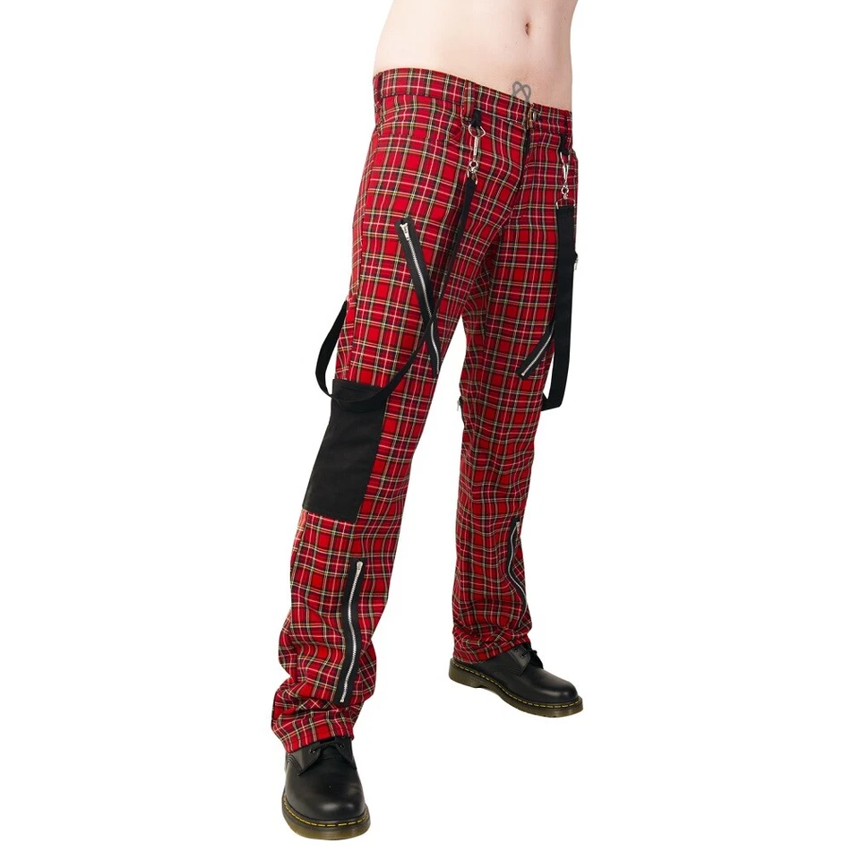 Tubo Jeans Pistola Nero - Pantaloni Punk Tartan Rosso - Immagine 1 di 1