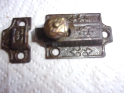 Antique Vintage Ornate  Victorian Cabinet Door Bolt Lock Latch w/ Keeper Cover