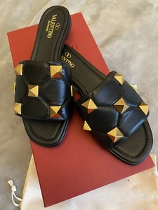 VALENTINO Roman Stud Slide Leather Quilted Sandals Black / Gold / EU 36 Genuine - Picture 1 of 9