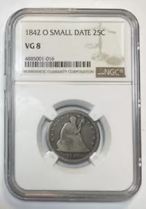 Cuarto Libertad Sentada Fecha Pequeña 1842-O NGC VG8 ¡Muy Escaso! - Imagen 1 de 4
