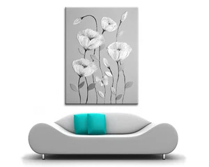 LARGE STUNNING GREY & WHITE FLOWERS BUTTERFLY CANVAS PAINTING WALL ART PRINT NEW - Picture 1 of 2