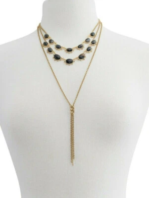 New Lucky Brand Semi-Precious 4-in-1 Layered Necklace in Black Stone 16-28"L $79 - Image 1 of 4