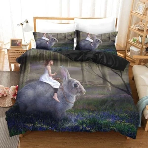 3D Tree Rabbit Person Floral Quilt Cover Set Duvet Cover Bedding Pillowcases - Picture 1 of 10