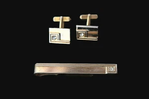 Vintage Gold Tone Swank Cufflinks and Tie bar Clip w/ Rhinestone Accents  - Picture 1 of 5