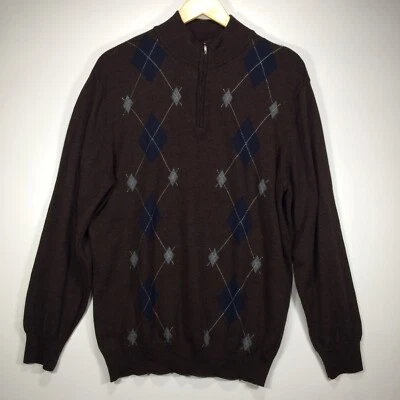 TOSCANO Sweater Mens XL Merino Wool Quarter Zip Argyll Brown Made in Italy - Image 1 of 4