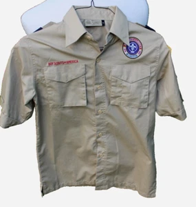 Boy Scouts Of America Button-Up Shirt Uniform Youth Sz Large Beige Short Sleeve - Picture 1 of 8