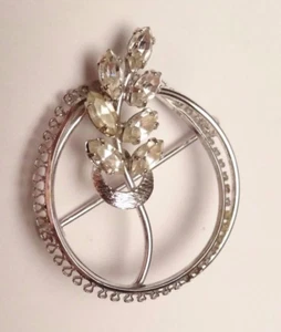 VINTAGE NAVETTE CLEAR STONE FLORAL BEAUTIFUL BROOCH PIN TK 925 STERLING SILVER - Picture 1 of 10