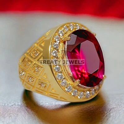 Ruby Oval Cut With 925 Sterling Silver Gold Plated Ring For Men's #A28 - Image 1 of 4