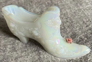 Vintage White Iridescent Fenton Floral Shoe With Pink Rose,USED, EE-1-10 - Picture 1 of 8