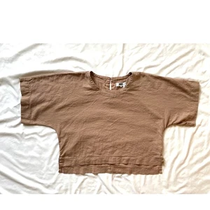 DKNY Pure Boxy Crop Linen Short Sleeve Shirt Top, Brown Pink, Medium - Picture 1 of 4