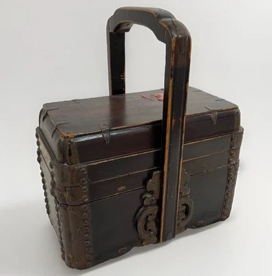 Antigua lonchera dinastía china caja de madera lacada Phoenix mango de madera de olmo Foto 1 de 4