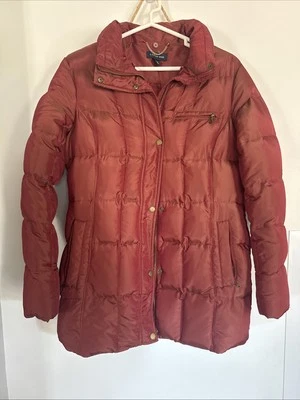 Abrigo acolchado de plumón para mujer LANDS END talla pequeña bolsillos con cremallera puños interiores de vellón Foto 1 de 4