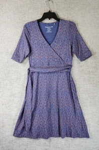 Toad & Co Faux Wrap Cafe Dress Womens S Blue Geo Print Belted Organic Cotton - Picture 1 of 11