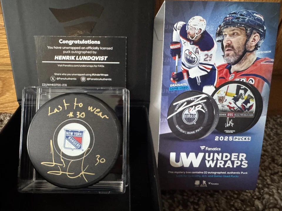 2025 Pucks - Under Wraps Henrik Lundqvist Auto Gold Inscribed “Last to Wear #30” - Image 1 of 3