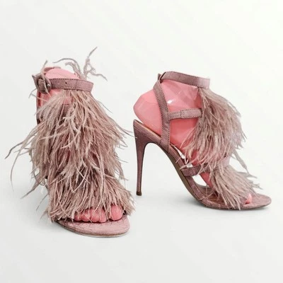 STEVE MADDEN Fefe Size 8M Pink Feather Strappy Stiletto Sandals Heels - Image 1 of 4