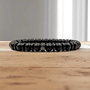 Herren Edelstein & Holz Perlen Armband - BLACK OPS - Handarbeit Stretch Schmuck - Bild 1 von 8