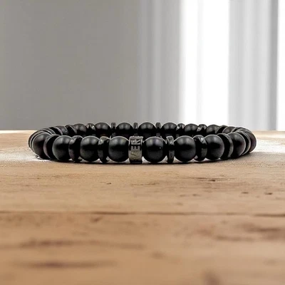 男式宝石和木珠手链 - 黑色 OPS - 手工制作弹力珠宝 — 第 1/4 张图片