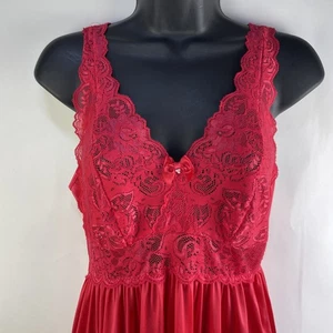 Vintage Shadowline Long Red Nylon Lace Full Sweep Lingerie Gown Size Large FLAW - Picture 1 of 14