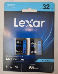 Brand New Lexar Professional 633x SDHC UHS-1 32GB Memory Card, 2-Pack - Picture 1 of 2