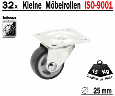 Möbelrollen Lenkrollen Tisch Lauf Rollen 32x Ø 25mm Gummi Grau BS-Rollen Germany - Bild 1 von 4