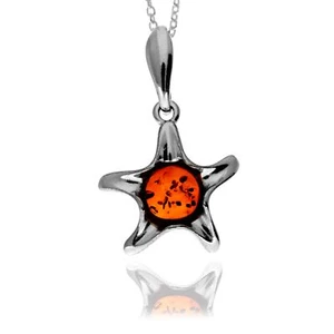 925 Sterling Silver & Genuine Baltic Amber Classic Star / Starfish Pendant - - Picture 1 of 6