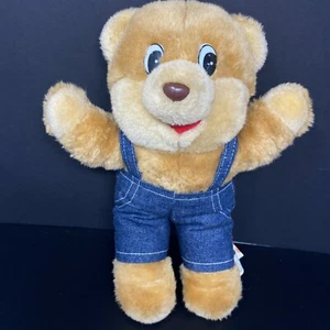 Vintage Shoney's Restaurant Mascot Bear Plush 12” Stuffed Animal Denim Overalls - Picture 1 of 5