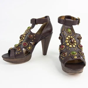 Vince Camuto Emily 8.5B US Leather Brown Jeweled Open Toe Heels Sandals Pumps - Picture 1 of 12