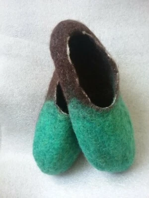 Green Brown Slippers 100% wool merino blend Felt Houseshoe Handmade in US felted - Image 1 of 3