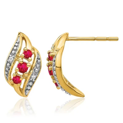 14K Solid Yellow Gold Siam Ruby Diamond Stud Earrings - Image 1 of 4