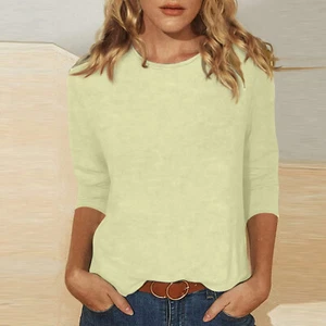 Women's Solid Crew Neck Tops Plus Size 3/4 Sleeve Casual T Shirt Blouse Tee Tops - Picture 1 of 15