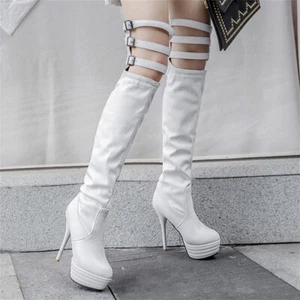 Womens Platform Buckle Strappy High Stiletto Heels Gothic Over the Knee Boots - Picture 1 of 15