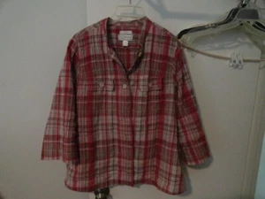 CJ BANKS SIZE 1X RED PLAID BUTTON DOWN SHIRT COTTON/SPANDEX 3/4 SLEEVE - Picture 1 of 5