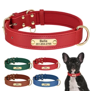 Leather Personalised Dog Collar Soft Padded Pet Puppy Name ID Tag Engraved XS-XL - Picture 1 of 24