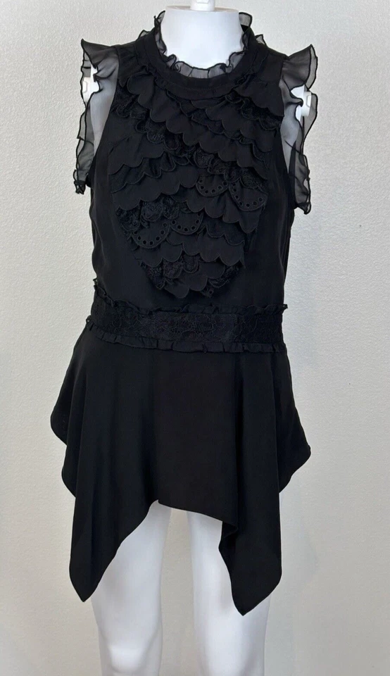 Top lírico sin mangas con volantes de seda BCBGMaxAzria XS asimétrico gótico oscuro romance Foto 1 de 4