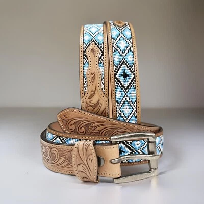 Beaded Western Belt Cowboy Rodeo Full Grain Leather Hand Tooled Removable Buckle - Image 1 of 4