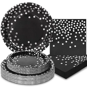 Black Plates and Napkins Party SuppliesBlack Paper Plates Severs 50Black and ... - Picture 1 of 7