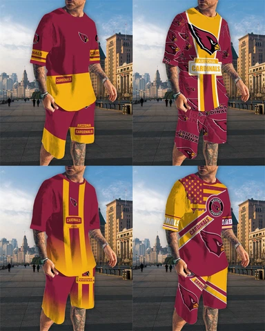 Arizona Cardinals Mens 2pcs Outfits Short Sleeve Casual Top Pockets Board Shorts Cover
