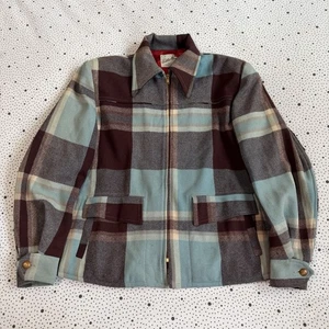 Vintage 1950s Weather Wise Jacket Men's S Burgundy Blue Plaid Zip Coat Woolen Co - Picture 1 of 14