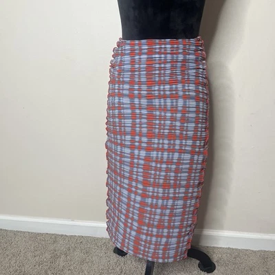 Women’s In Shade Blue/Orange Plaid Ruched Contrast Stitch Midi Skirt Sz XS - Image 1 of 4