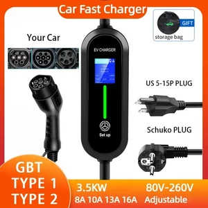 EV Portable Charger Type1 Type2 GBT Charger US/Schuko Plug WallBox 3.5KW 16A - Picture 1 of 28