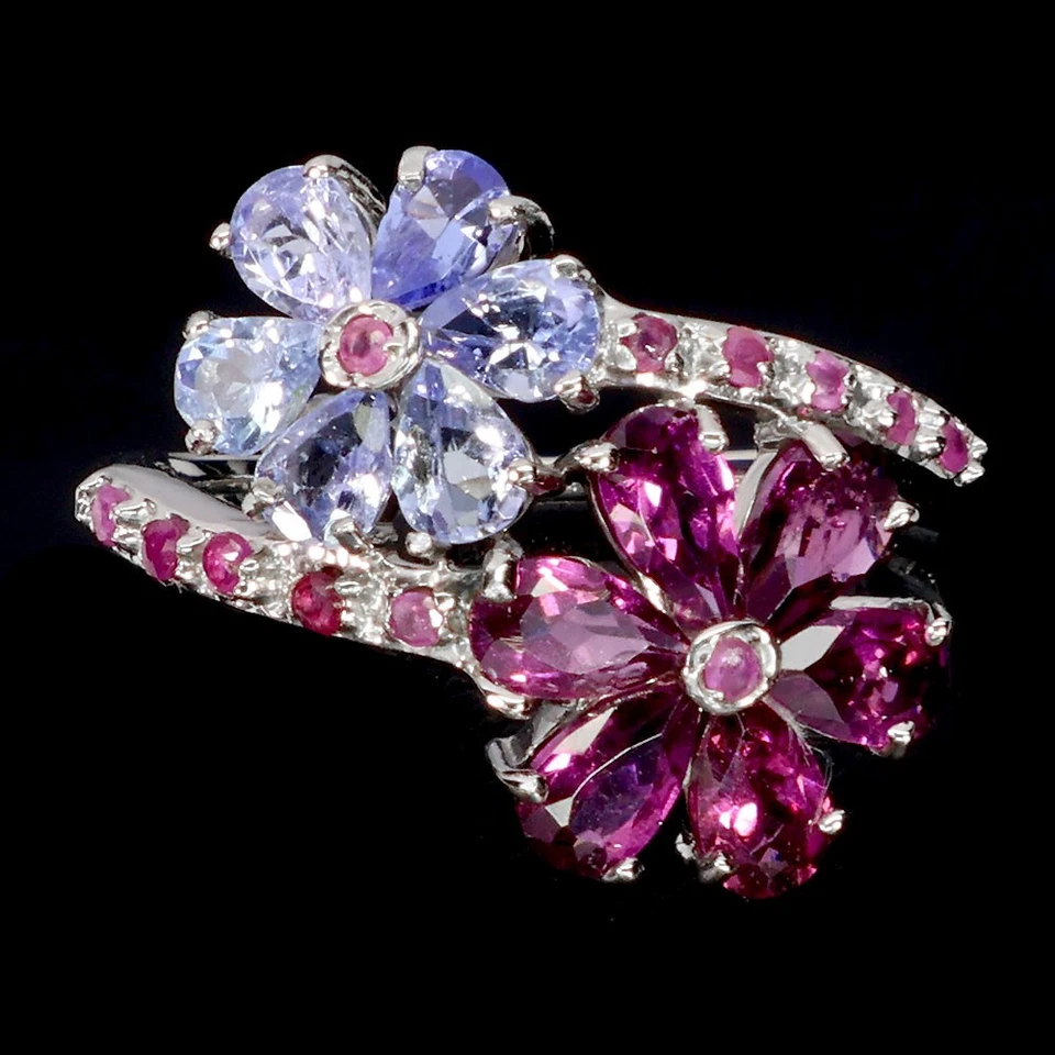 Anillo de plata de ley 925 pera rodolita rubí tanzanita piedras preciosas naturales talla 7 Foto 1 de 4