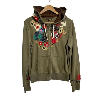 VTG Y2K Lucky Brand Hoodie Womens L Green Peace Love Boho Embroidered Full Zip - Image 1 of 4