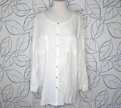 JM Collection Size 22W White Linen Roll Tab Sleeve Button Front Tunic Blouse - Image 1 of 4