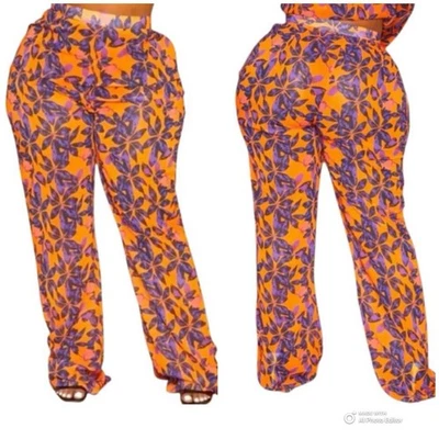 Pretty Little Thing Plus Orange Print Sheer Beach Flares – Size 18 – NWT - Image 1 of 4