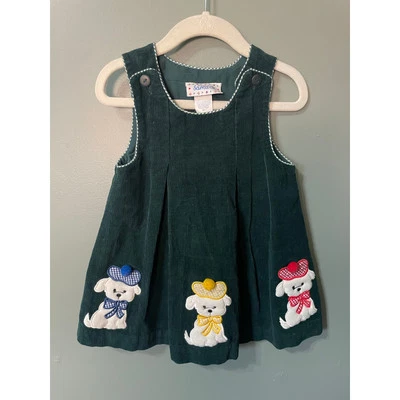 Vintage Samara Dark Green Corduroy Sleeveless Jumper Dress with Puppies. Sz 2T.  - Image 1 of 4