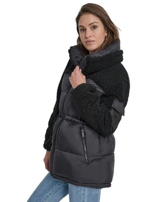Jaqueta feminina DKNY casaco L acolchoada acolchoada Sherpa gola simulada preta $169 - Imagem 1 de 4