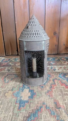 Antique Early Primitive Metal Punched Tin Lantern Candleholder 12.5" - Image 1 of 4