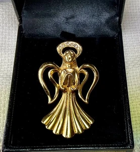 Vintage Engel mit Heiligenschein strukturiert gebürstet goldfarben Anstecknadel Brosche 1,75" A2 - Bild 1 von 7